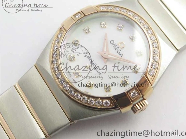 0212 NewStyle Constellation Ladies 27mm ZF 1:1 Best Edition SS RG White MOP Dial Diamonds Bezel & Markers on SS RG Bracelet ETA Quartz 7943